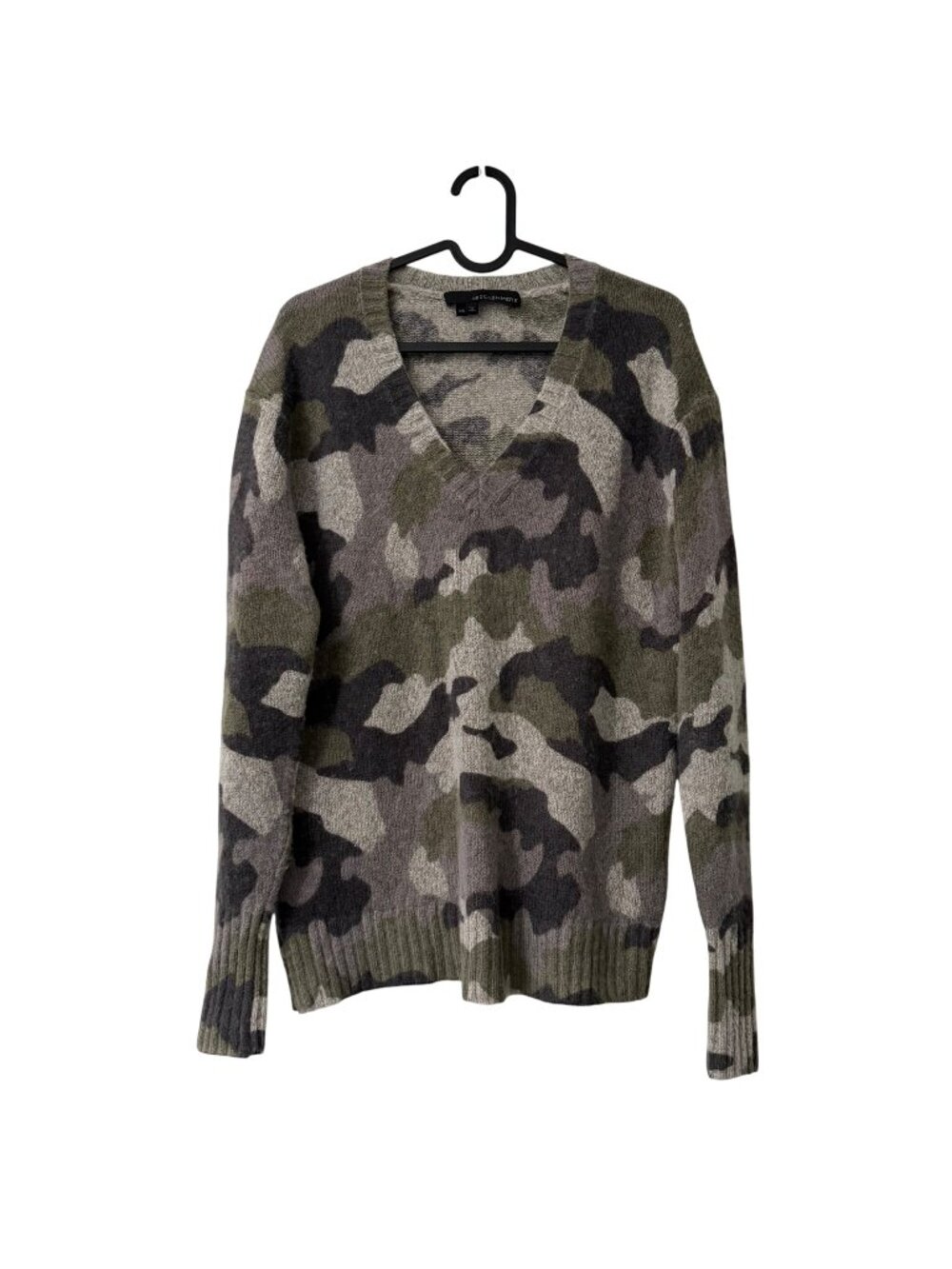 360 Cashmere Camouflage Green Gray Vneck Long Sleeve Sweater Womens XSmall